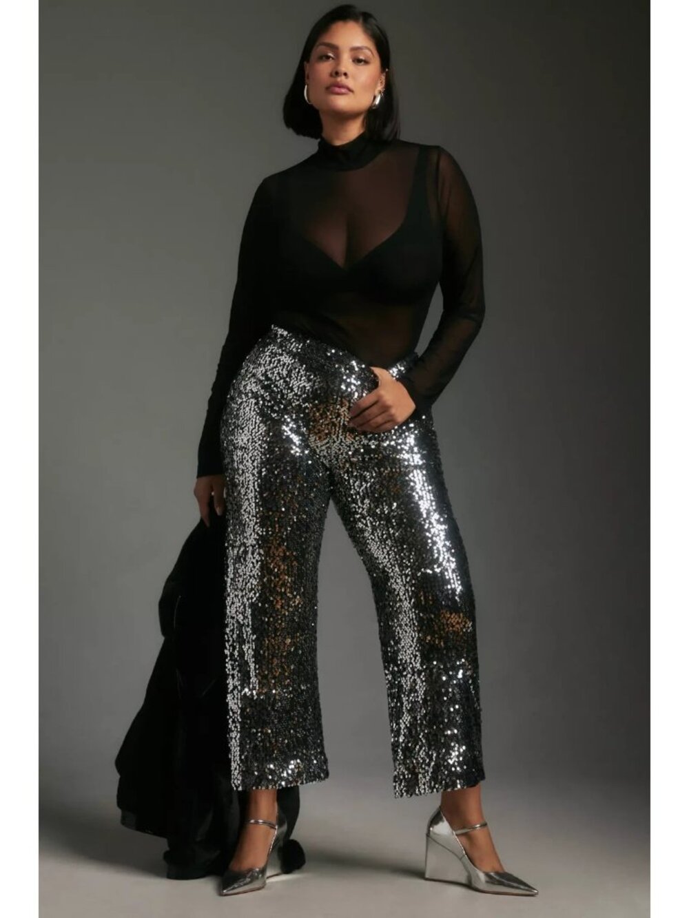 NWT Maeve by Anthropologie Colette in Black Silver Sequin Wide-Leg Crop Pants 28 - Picture 11 of 13